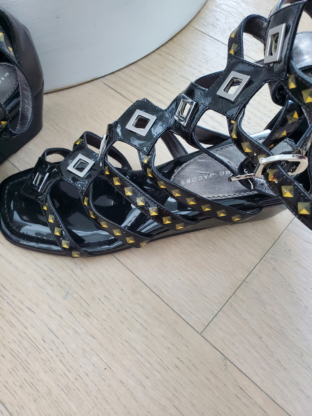 Marc Jacobs Black Patent Strappy Sandals with Gold Pyramid Studs